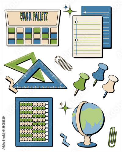Collection of various patches labels tags stickers stamps with back to school assets