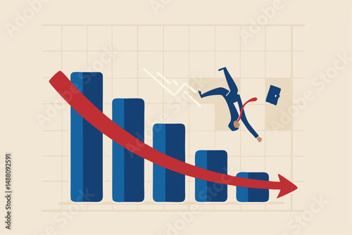 Stock market plunged falling down, economic crash, investing failure or mistake, price drop, recession, investment risk concept, businessman investor slip on stock market graph fall down to the floor.