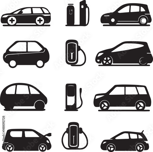 Black & White Vector Icons of Electric Vehicles (EVs), Cars, & Charging Stations: Modern Transportation & Sustainable Energy Graphics