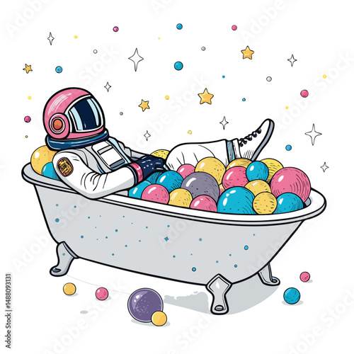 A weightless astronaut relaxes in a luminous bathtub filled with glittering stardust, cosmic rays softly illuminating the scene.