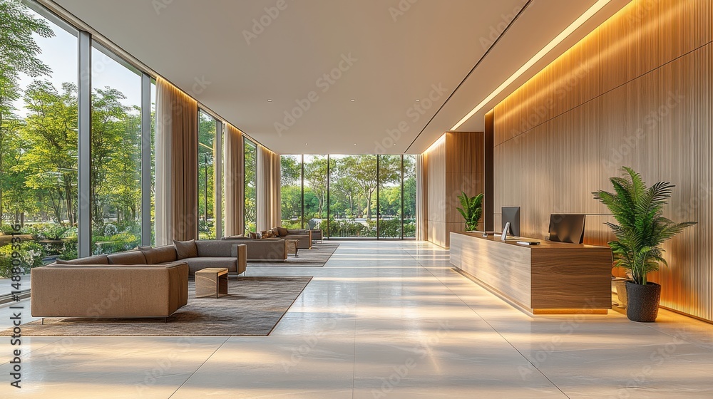 Fototapeta premium Modern Office Lobby with Elegant Design and Natural Light