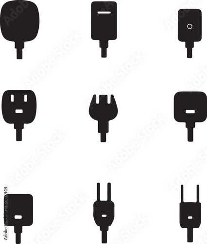 Black and White Vector Silhouette Illustration of Various Electrical Plug Types for Different Countries and Power Standards