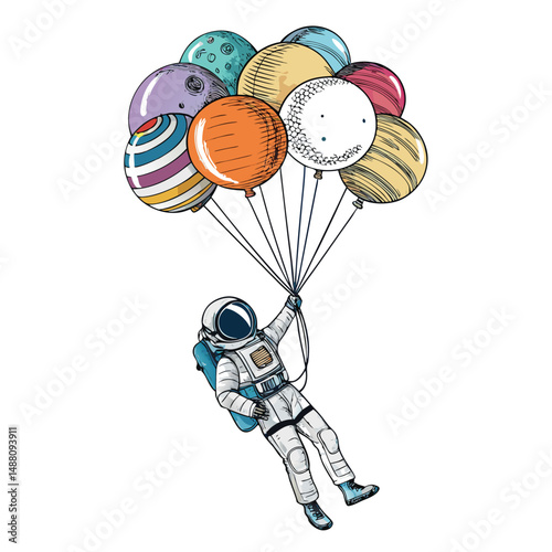 A weightless astronaut joyfully ascends, propelled by vibrant, helium-filled balloons shaped like lips.