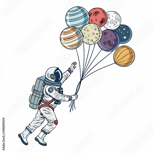 A whimsical illustration of an astronaut soaring through a pastel sky, propelled by numerous vibrant helium balloons shaped like planets.