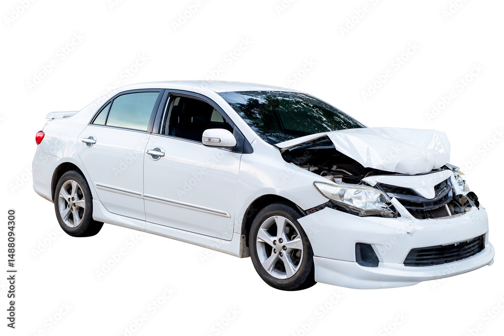 Naklejka premium Car crash, Front and Side view of white sedan car get damaged by accident on the road. damaged cars after collision. isolated on transparent background, car crash bumper for graphic design