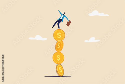 Financial instability, uncertainty or unstable investment market, risky situation or economic recession, crisis or bankruptcy concept, businessman investor falling from stack of unstable money coins.