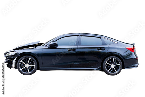 Car crash, Side view of black sedan car get damaged by accident on the road. damaged cars after collision. isolated on transparent background. PNG File