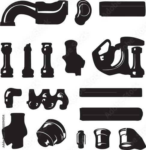 Black and White Vector Illustration of Assorted Pipe Fittings: Plumbing Components, Industrial Hardware, Silhouette Style, Mechanical Parts Graphics