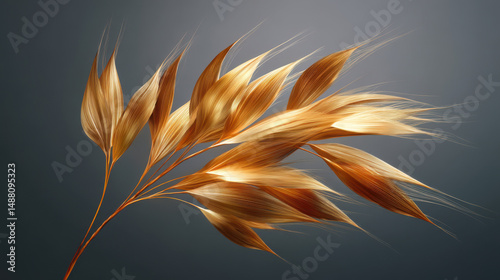 A golden wheat stalk gracefully arches against a soft gray backdrop, showcasing intricate textures and a subtle shimmer in a serene, minimalist composition.