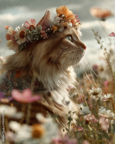 Cat with Flower Crown - Dreamy Moment in a Beautiful Flower Field
