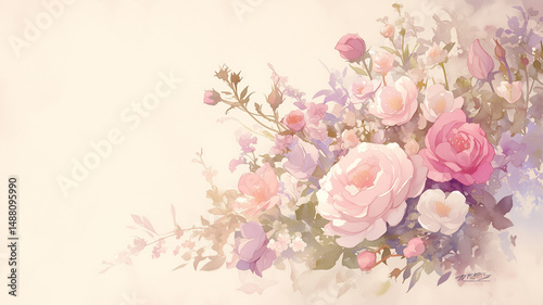 淡い水彩で描かれた春の野花と幻想的な風景が広がる高品質な日本風ファンタジーイラスト背景素材・草花・和風・癒し・自然・装飾・和紙・壁紙・パステル調