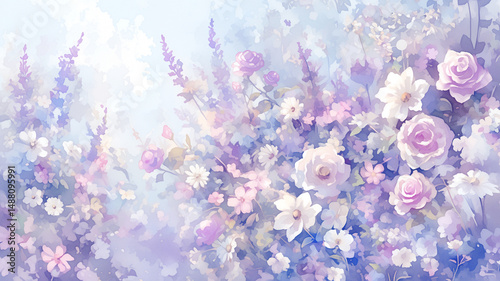 淡い水彩で描かれた春の野花と幻想的な風景が広がる高品質な日本風ファンタジーイラスト背景素材・草花・和風・癒し・自然・装飾・和紙・壁紙・パステル調