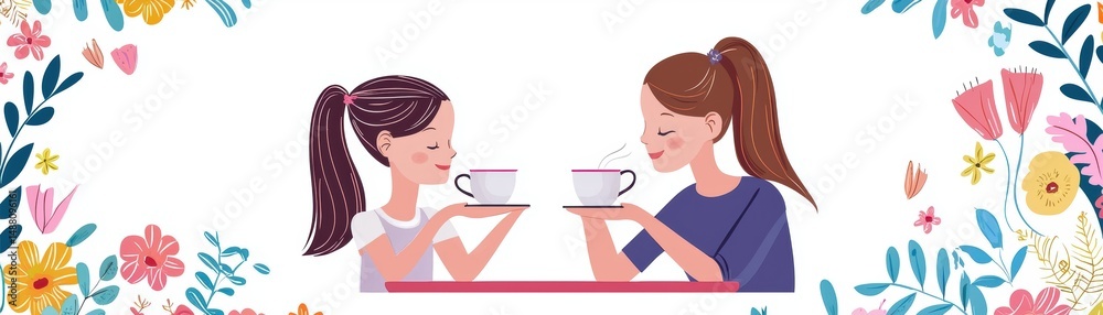 A mother and daughter enjoy hot drinks together, surrounded by colorful floral decorations, Mother's Day A mother and daughter enjoy hot drinks together, surrounded by colorful floral decorations, Mother's Day