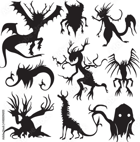 Silhouette Monster Collection: Fantasy Creature Clipart, Spooky Halloween Vector Graphics, Dark Fantasy Art, Horror Illustration Set