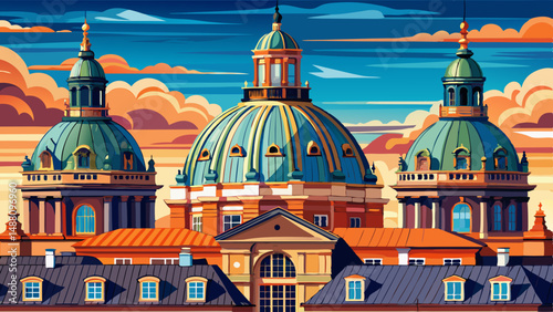 very Beautiful Magnificent copper dome of Frederik's Church (Marble Church) contrasts with adjacent classical Amalienborg Palace facade showcasing impressive Rococo architecture. Partly cloudy blue sk