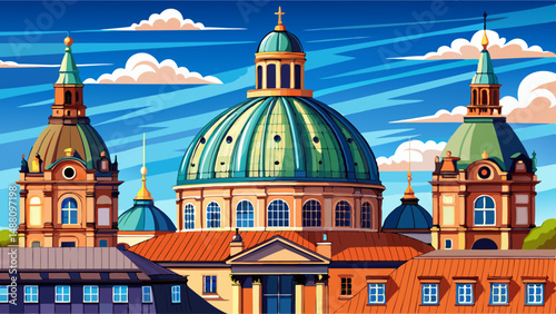 very Beautiful Magnificent copper dome of Frederik's Church (Marble Church) contrasts with adjacent classical Amalienborg Palace facade showcasing impressive Rococo architecture. Partly cloudy blue sk