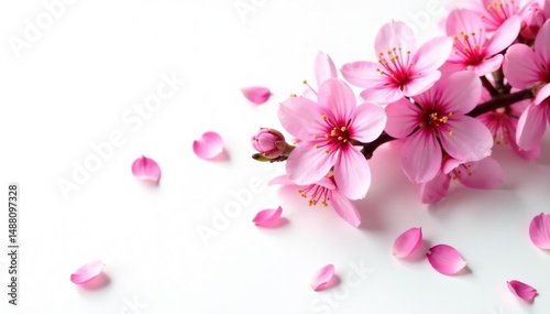Vibrant sakura branch, scattered petals, white background , spring design, nature, background