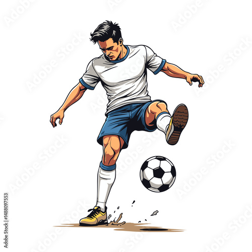 Dynamic vector illustration of a soccer football player controlling a ball with skill and balance. Represents athletic movement action and sport training. Ideal for football and sports design projects