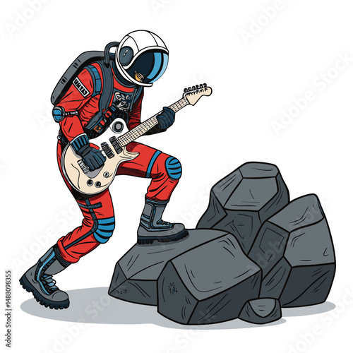 A futuristic astronaut serenely plays an electric guitar atop a fiery meteor, stars blazing in the cosmic background.