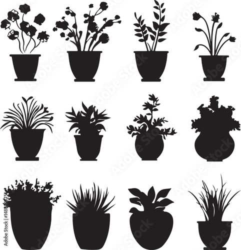 Silhouette Potted Plants Vector Art: Black and White Illustration of Flowers, Herbs, and Foliage in Decorative Pots for Graphic Design Projects