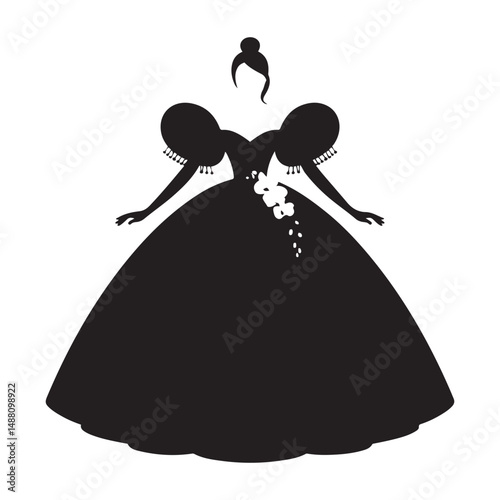 Elegant ball gown with puffy sleeves and frilled details in black, Vector black silhouette. with white background