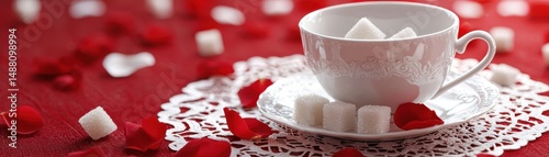 Elegant white teacup with sugar cubes on a lace doily, surrounded by red rose petals on a red table, Mother's Day
