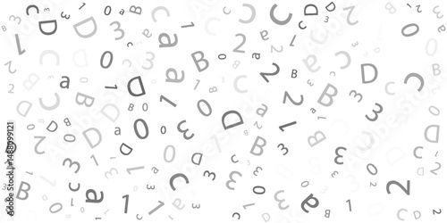 Black letter pattern on white background. Vector illustration for education design. Seamless pattern letters random flying. Alphabet book concept for grammar school. Letter wallpaper