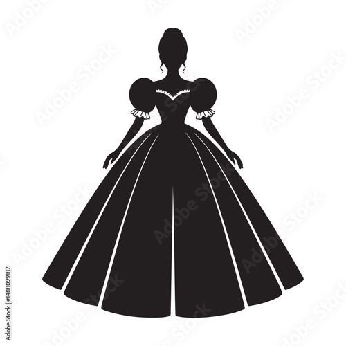 Elegant ball gown with puffy sleeves and frilled details in black, Vector black silhouette. with white background