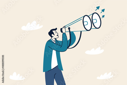 Financial forecast, vision for stock market investment return, make profit opportunity, discover economic recover, businessman financial professional look through binocular to see graph and chart.