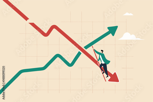 Stagflation, economic slow down or recession while inflation high up, GDP growth decrease causing by unemployment concept, fearful businessman riding fall down economic graph with inflation high up.