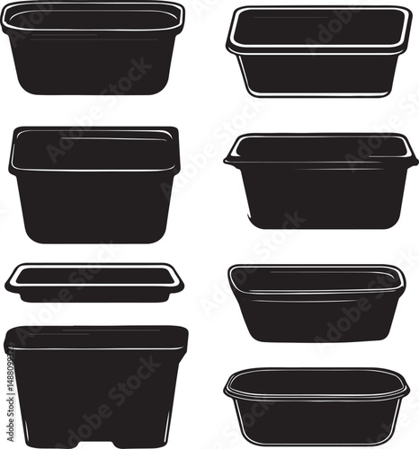Black and White Vector Illustration of Plastic Food Storage Containers: Reusable Kitchenware for Meal Prep and Leftovers in a Clean Style
