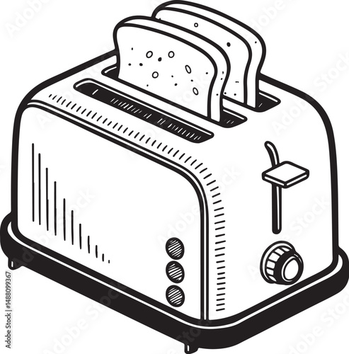 Toaster for Breakfast Toasts, Black and White Vector Illustration, Sketch Drawing Line Linear Symbol Icon Engraving, Hand-drawn Isolated