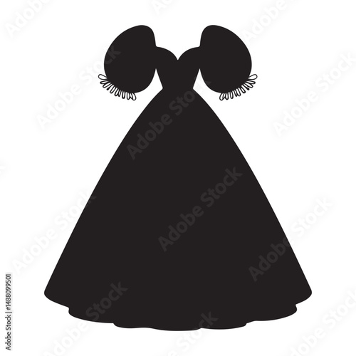 Elegant ball gown with puffy sleeves and frilled details in black, Vector black silhouette. with white background