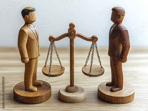 Two wooden figurines representing lawyers face each other, with a scale of justice between them, symbolizing legal proceedings and balanced judgment photo