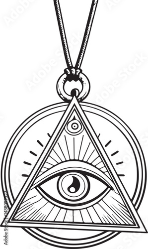 Evil Eye Amulet, Nazar, Black and White Vector Illustration, Sketch Drawing Line Linear Symbol Icon Engraving, Hand-drawn Isolated