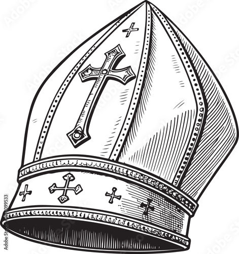 Bishop Hat, Pope or Priest, Black and White Vector Illustration, Sketch Drawing Line Linear Symbol Icon Engraving, Hand-drawn Isolated