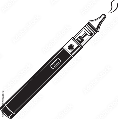 Vape or Electronic Cigarette for Smoking, Black and White Vector Illustration, Sketch Drawing Line Linear Symbol Icon Engraving, Hand-drawn Isolated