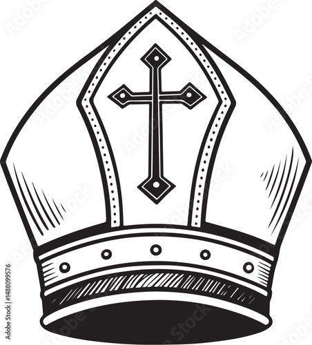 Bishop Hat, Pope or Priest, Black and White Vector Illustration, Sketch Drawing Line Linear Symbol Icon Engraving, Hand-drawn Isolated
