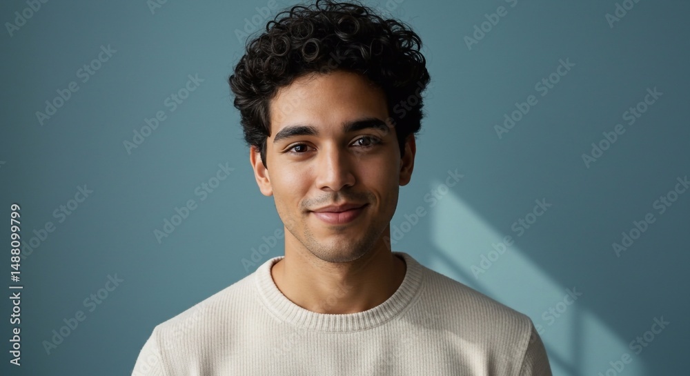 Obraz premium Close-up portrait of an attractive young man with dark curly hair, wearing a light-colored sweater, smiling gently against a solid light blue background.