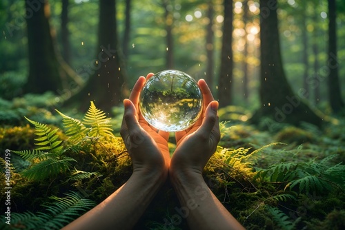 The green planet. The concept. Human hands and a crystal ball.