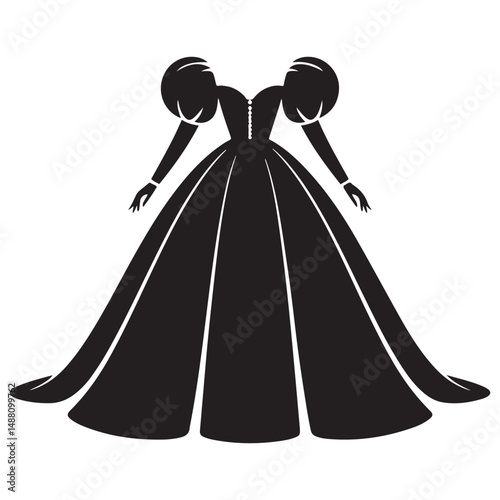 Elegant ball gown with puffy sleeves and frilled details in black, Vector black silhouette. with white background