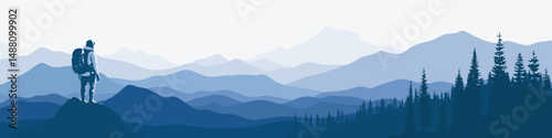 A tourist meets the sunrise in the mountains, hiking, adventure tourism and travel, vector illustration, panoramic view