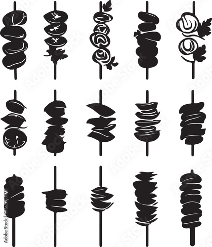 Black and White Skewer Silhouette Vector Art: Grill, Shish Kebab, Souvlaki, Satay, Brochette, Food Illustration, BBQ, Isolated Clipart Design