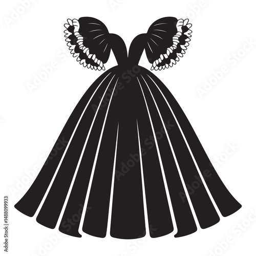 Elegant ball gown with puffy sleeves and frilled details in black, Vector black silhouette. with white background