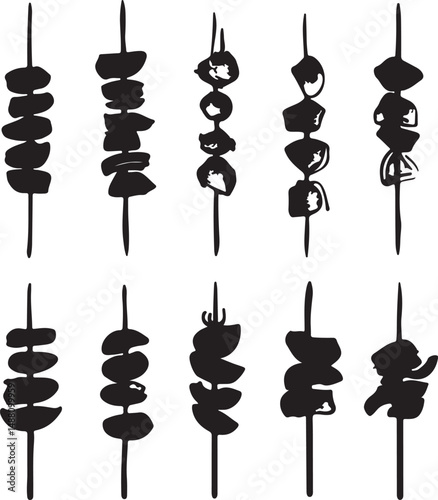 Hand-Drawn Skewers Illustration: Black and White Vector Graphic of Grilled Meat and Vegetable Kabobs for Culinary Design and Restaurant Menus