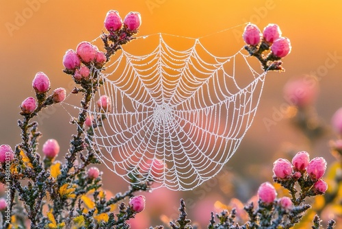 Dewkissed web weaves among pink flora