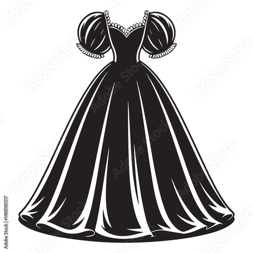 Elegant ball gown with puffy sleeves and frilled details in black, Vector black silhouette. with white background