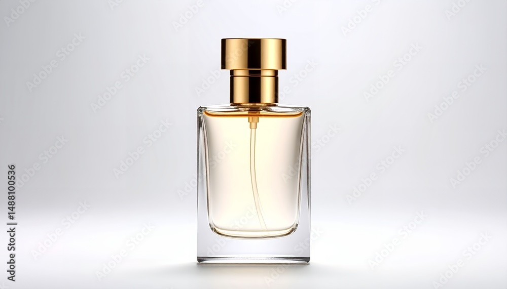 Elegant perfume bottle with gold cap on a white background, showcasing fragrance and luxury, studio shot with soft lighting, perfect for beauty and cosmetic concepts. Elegant perfume bottle with gold cap on a white background, showcasing fragrance and luxury, studio shot with soft lighting, perfect for beauty and cosmetic concepts.