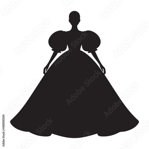 Elegant ball gown with puffy sleeves and frilled details in black, Vector black silhouette. with white background