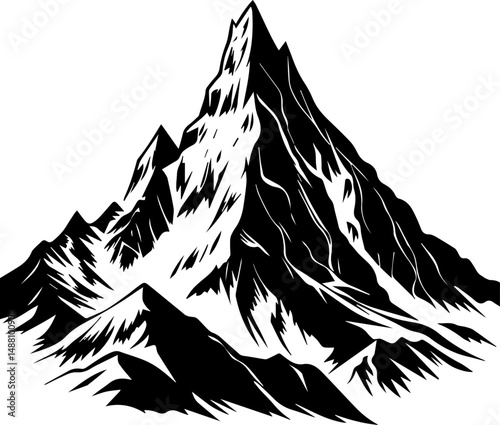 Imposing Rugged Mountain Peak Illustration: Black and White